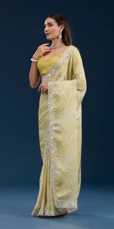 Classic Lemon Yellow Color Georgette Digital Prints & Embroidery Codding Sequins Work Saree