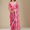 Peach Georgette Digital Prints Embroidery Codding Sequins Work Saree