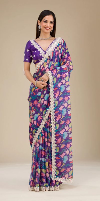 Classic Violet Color Georgette Digital Prints & Embroidery Codding Sequins Work Saree