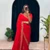 Red Faux Georgette Embroidery Work Border Stitched Saree-Gown