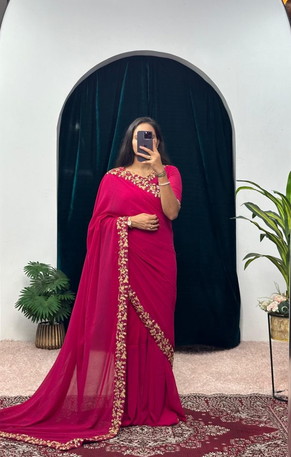 Exotic Pink Color Faux Georgette Embroidery Work Border Stitched Saree-Gown