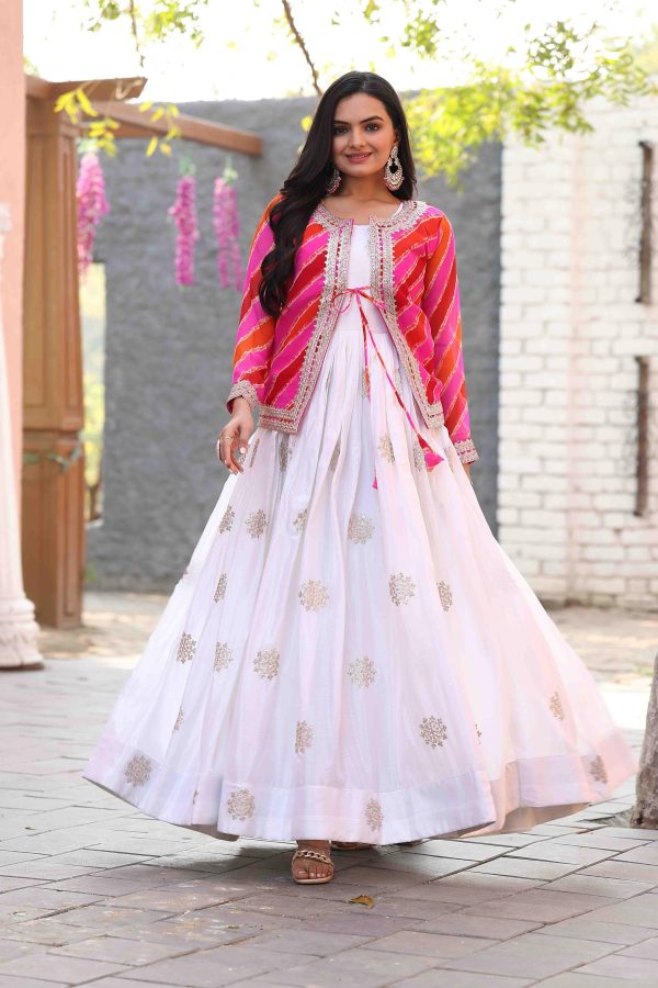 White Chinon Cording Sequence Embroidery Work Anarkali Gown