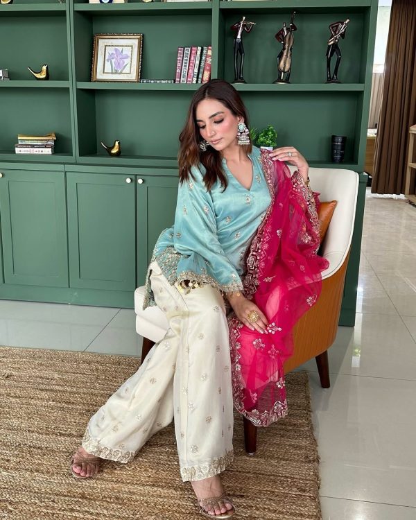 Fantastic Sky Blue Color French Crepe Embroidery Sequins Work Salwar Suit