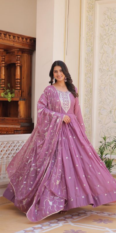 Glowing Light Purple Color Star Georgette Sequence Embroidery Work Anarkali Gown