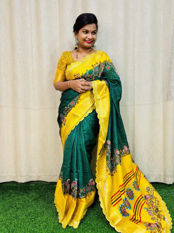 Green Dola Mangalagiri Checks Floral Print Saree
