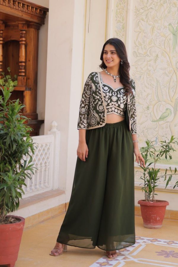 Mehandi Fox Georgette Embroidery Lace Work Anarkali Gown