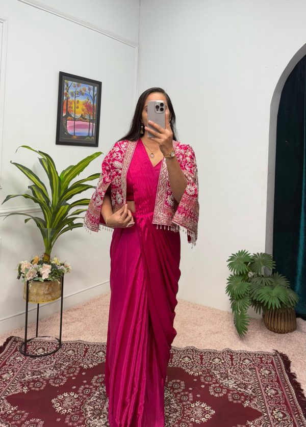 Pink Chinnon Fully Embroidery Koti Saree