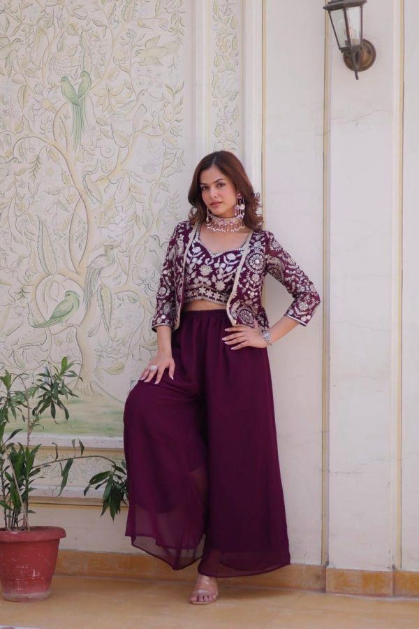 Wine Fox Georgette Embroidery Lace Work Anarkali Gown