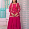 Pink Bandhej Embroidery Thread Work Lehenga Crop Top & Jacket