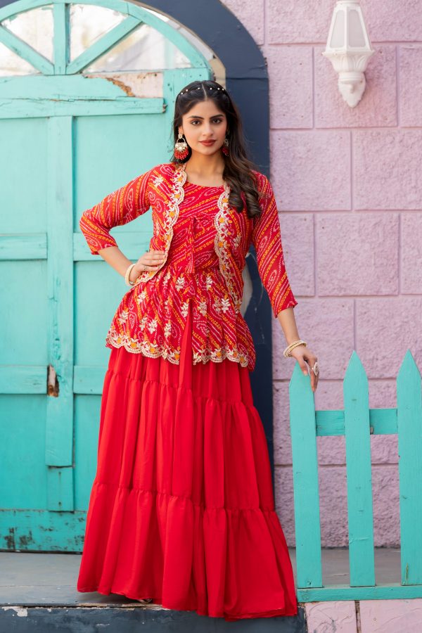 Nice Red Color Bandhej Embroidery Thared Work Lehenga Crop Top & Jacket