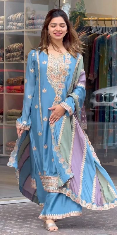 Perfect Sky Blue Color Faux Georgette With Embroidery Sequence Work Salwar Suit