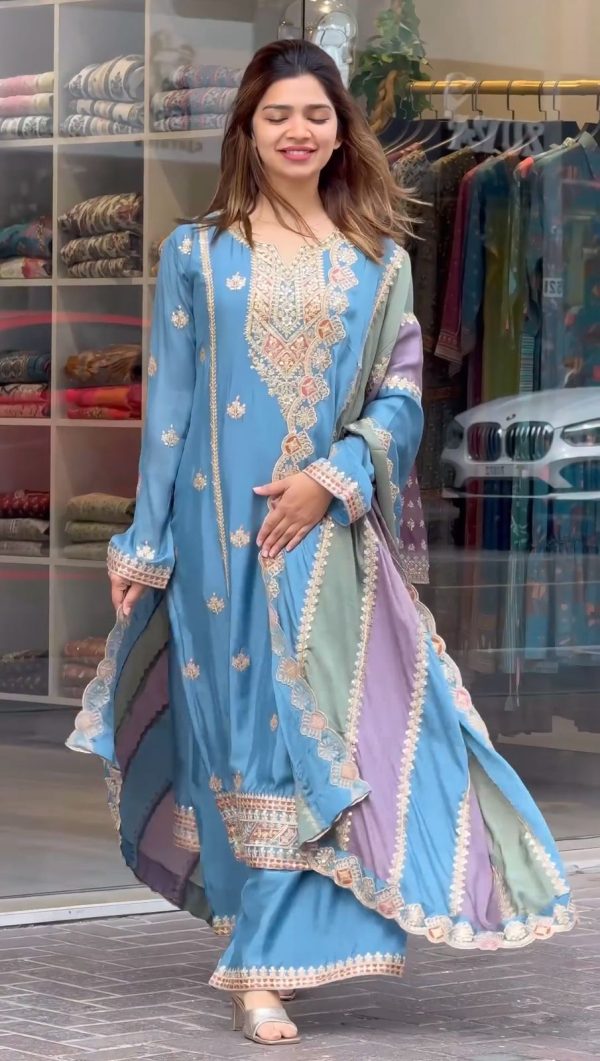 Perfect Sky Blue Color Faux Georgette With Embroidery Sequence Work Salwar Suit