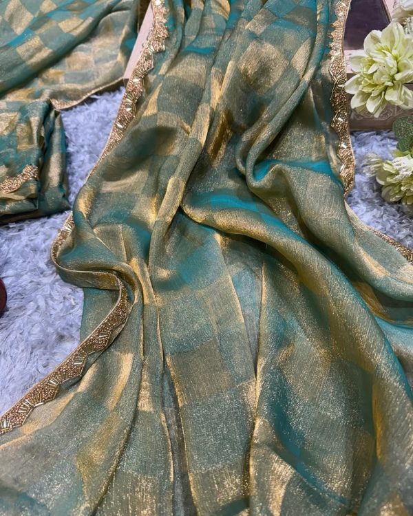 Green Chiffon Pattern Hand Work Lace Saree