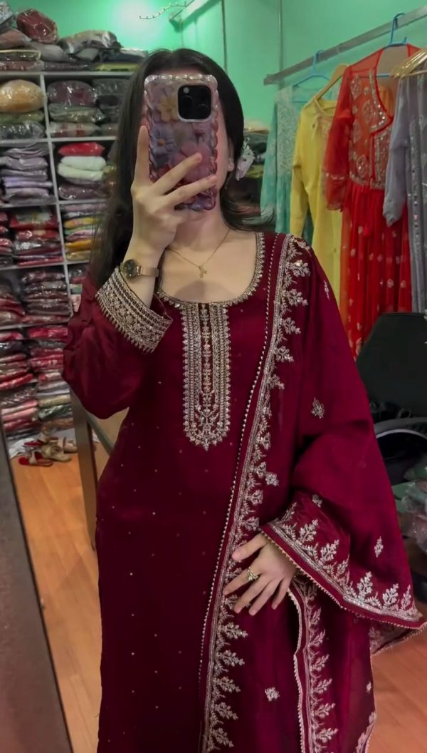 Pretty Marron Color Chinnon Silk With Embroidery Sequence Work Salwar Suit