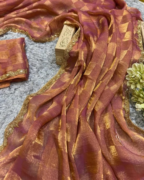 Peach Chiffon Pattern Hand Work Lace Saree