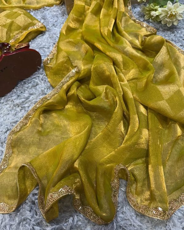 Yellow Chiffon Pattern Hand Work Lace Saree