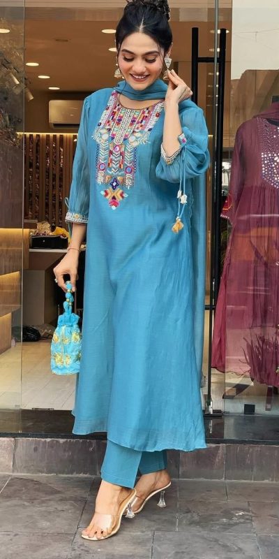 MF 748 Blue Color Chanderi Silk With Mirror Work Embroidery Salwar Suit Casual, Wedding, Party, Festive, Events Etc.4-6 Working Days@ 1599/-only | Jump Suits, Salwar suit, Casual Suits, Creative suits, Designer Suits, Palazzo Suits, Party Wear Suits, Patiala Suits, Straight Suits