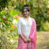 Half White Roman Silk With Pink Dupatta Coding Work Salwar Suit