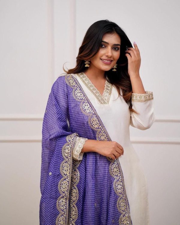 Stylist Half White Color Roman Silk With Purple Dupatta Coding Work Salwar Suit