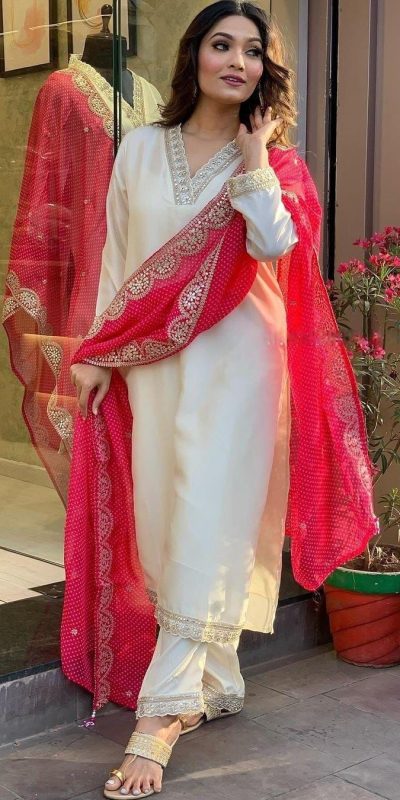 Stylist Half White Color Roman Silk With Red Dupatta Coding Work Salwar Suit