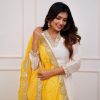 Half White Roman Silk With Yellow Dupatta Coding Work Salwar Suit
