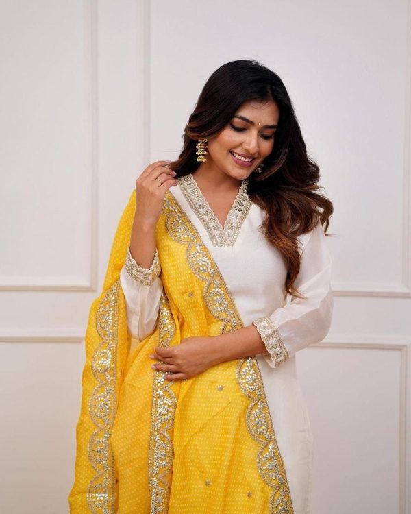 Stylist Half White Color Roman Silk With Yellow Dupatta Coding Work Salwar Suit