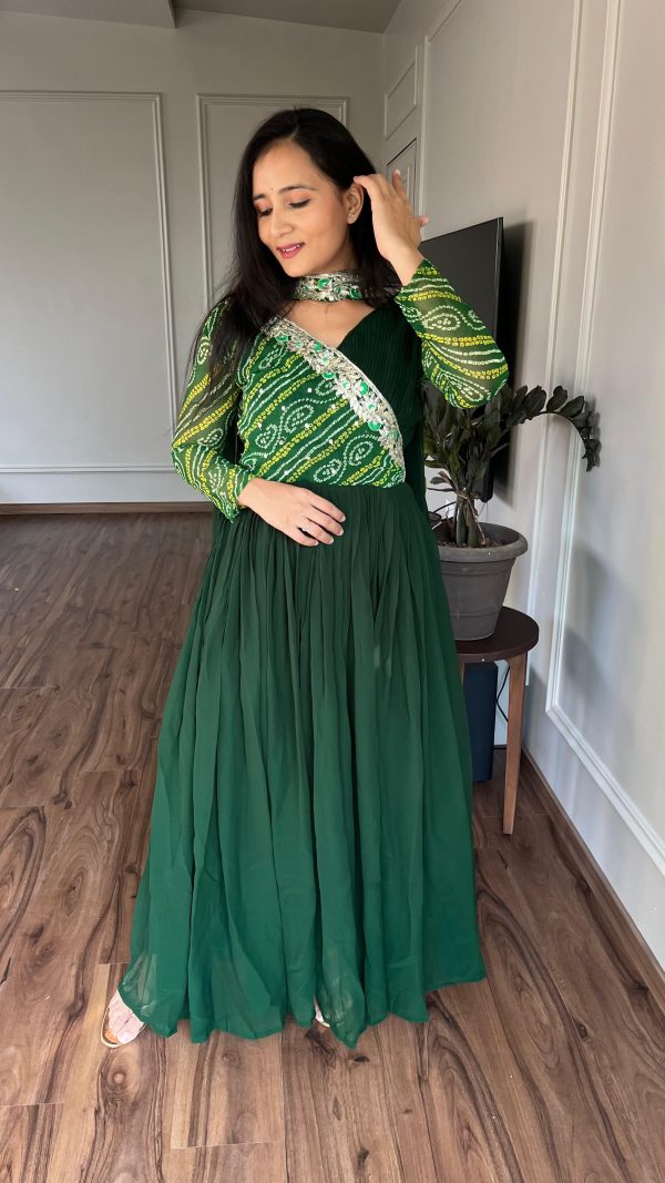 Green Bandhej Fox Georgette Sequence Embroidery Work Anarkali Gown