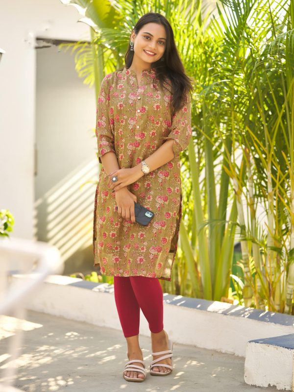 Mehandi Simmer Silk Office Wear Printed Kurti