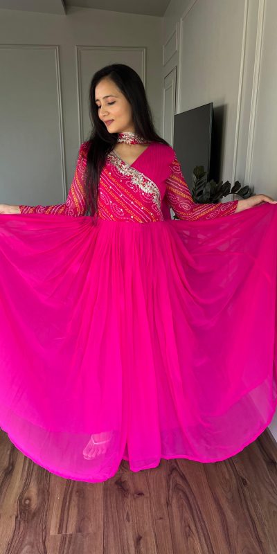 Ram 058 Pink Color Bandhej With Fox Georgette 3mm Sequence Embroidery Work Anarkali Gown Wedding Party, Festive, Events Etc.4-6 Working Days@1899/- only | Gowns, Bollywood Gowns, Creative Gowns, Designer Gowns, Embroidered Gowns, Party Wear Gowns, Straight Suits