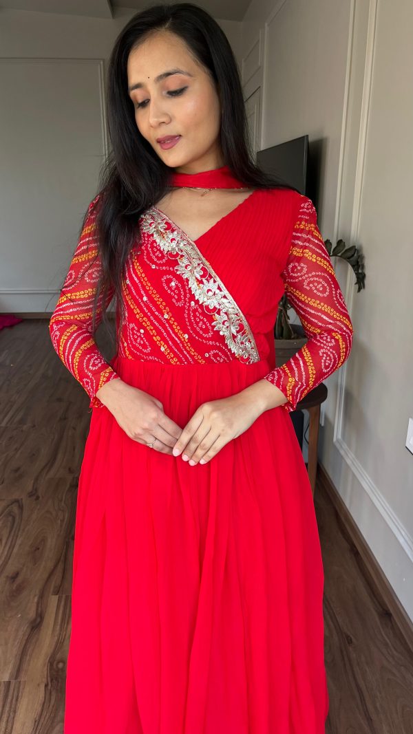 Red Bandhej Fox Georgette Sequence Embroidery Work Anarkali Gown