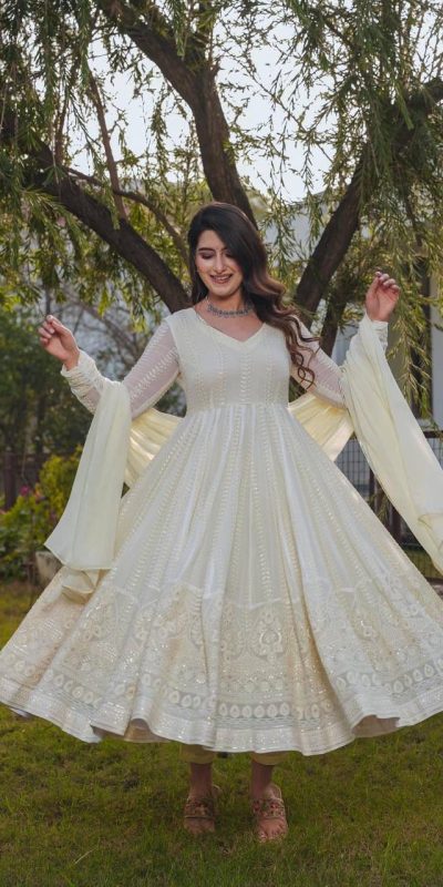 DC G43 Cream Color fox Georgette Embroidery Sequence Anarkali Gown Wedding Party, Festive, Events Etc.4-6 Working Days@2199/- only | Gowns, Bollywood Gowns, Creative Gowns, Designer Gowns, Embroidered Gowns, Party Wear Gowns, Straight Suits
