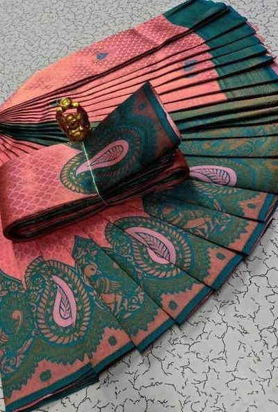 Wonderful Peach Color Soft Litchi Silk contrast border weaving design Saree