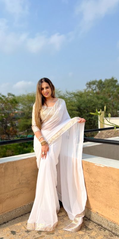 Wonderful White Color Georgette Sequence Work Lace With Peiping Saree