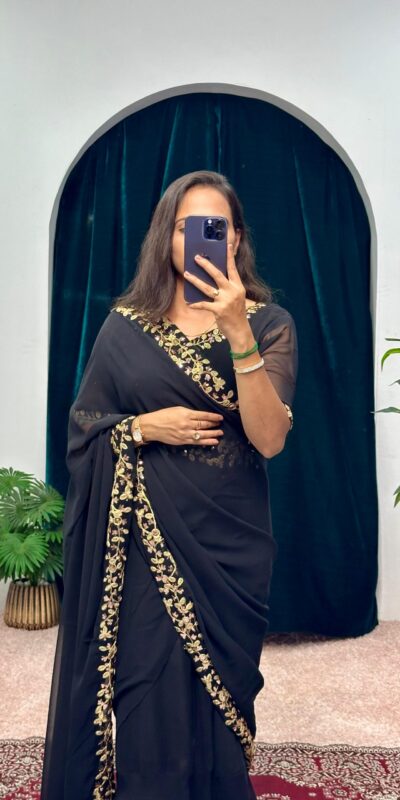  ST 1055 Black Color Faux Georgette Embroidery Work Border Stitched Saree-Gown Wedding Party, Festive, Events Etc.4-6 Working Days@1799/- only | Gowns, Bollywood Gowns, Creative Gowns, Designer Gowns, Embroidered Gowns, Party Wear Gowns, Straight Suits