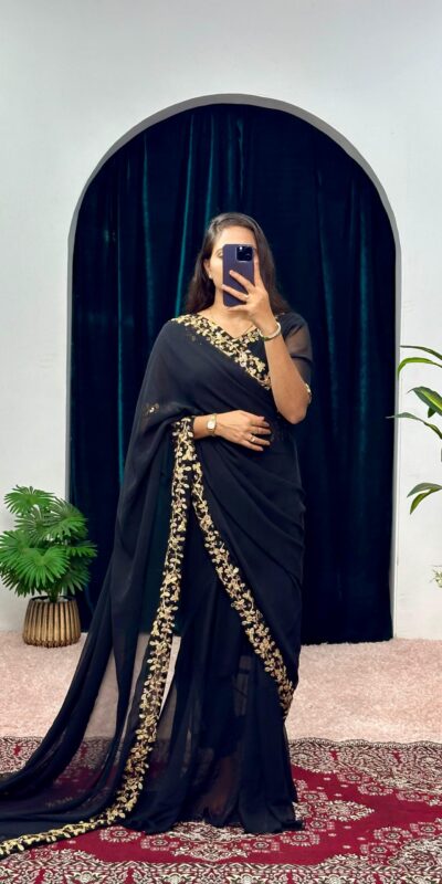 ST 1055 Black Color Faux Georgette Embroidery Work Border Stitched Saree-Gown Wedding Party, Festive, Events Etc.4-6 Working Days@1799/- only | Gowns, Bollywood Gowns, Creative Gowns, Designer Gowns, Embroidered Gowns, Party Wear Gowns, Straight Suits