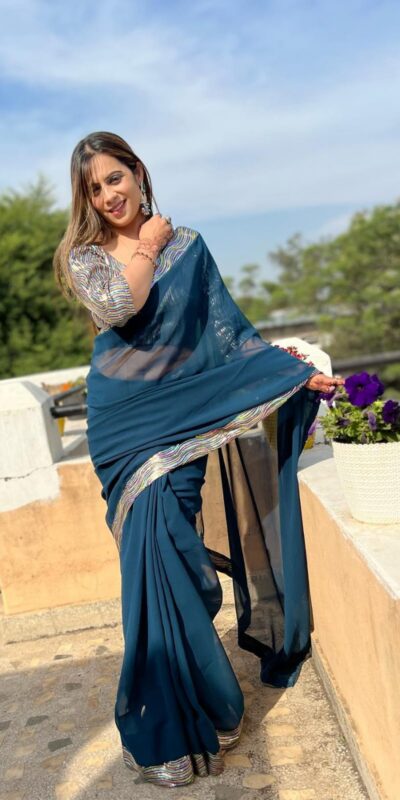JR 579 Peacock Blue Color Georgette Sequence Work Lace With Peiping Saree Casual, Wedding, Festive, Events . Expected Delivery 4-6 Working Days @1649/- only | Sarees, Bollywood Sarees, Creative Sarees, Designer Sarees, Embroidered Sarees, Ethnic Saree, Modern Digital sarees, Party Wear Sarees
