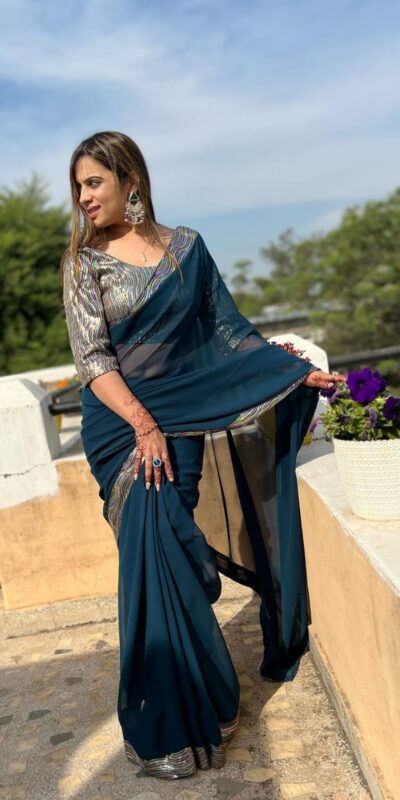 JR 579 Peacock Blue Color Georgette Sequence Work Lace With Peiping Saree Casual, Wedding, Festive, Events . Expected Delivery 4-6 Working Days @1649/- only | Sarees, Bollywood Sarees, Creative Sarees, Designer Sarees, Embroidered Sarees, Ethnic Saree, Modern Digital sarees, Party Wear Sarees