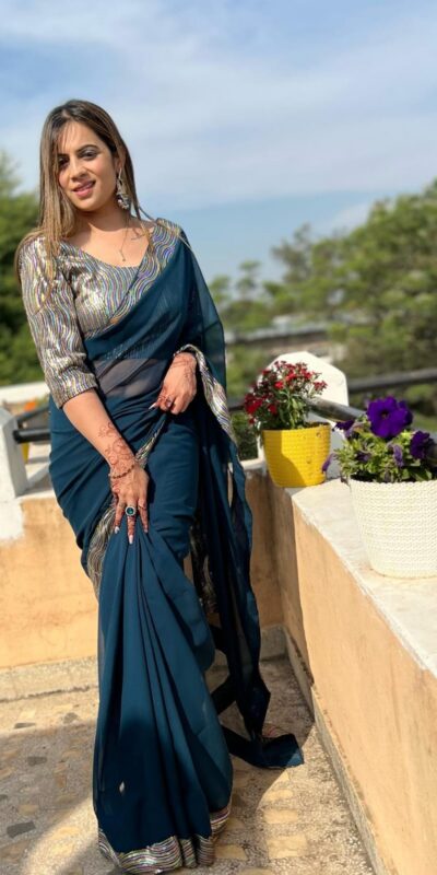JR 579 Peacock Blue Color Georgette Sequence Work Lace With Peiping Saree Casual, Wedding, Festive, Events . Expected Delivery 4-6 Working Days @1649/- only | Sarees, Bollywood Sarees, Creative Sarees, Designer Sarees, Embroidered Sarees, Ethnic Saree, Modern Digital sarees, Party Wear Sarees