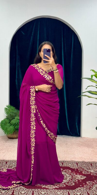 ST 1055 Purple Color Faux Georgette Embroidery Work Border Stitched Saree-Gown Wedding Party, Festive, Events Etc.4-6 Working Days@1799/- only | Gowns, Bollywood Gowns, Creative Gowns, Designer Gowns, Embroidered Gowns, Party Wear Gowns, Straight Suits