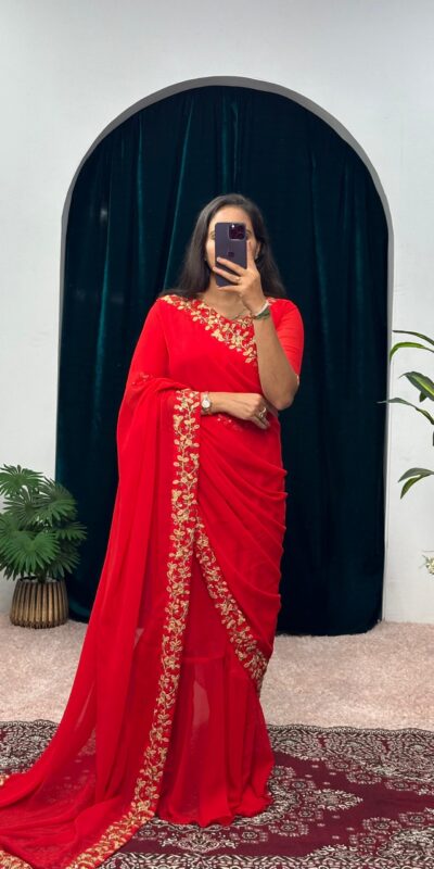 ST 1055 Red Color Faux Georgette Embroidery Work Border Stitched Saree-Gown Wedding Party, Festive, Events Etc.4-6 Working Days@1799/- only | Gowns, Bollywood Gowns, Creative Gowns, Designer Gowns, Embroidered Gowns, Party Wear Gowns, Straight Suits