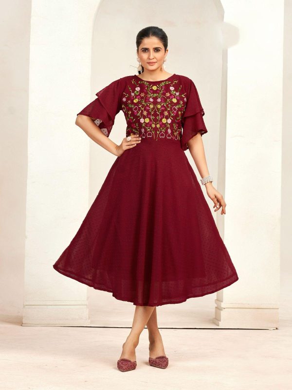 Aglow Maroon Color Georgette Butti Embroidery Thread Work Gown