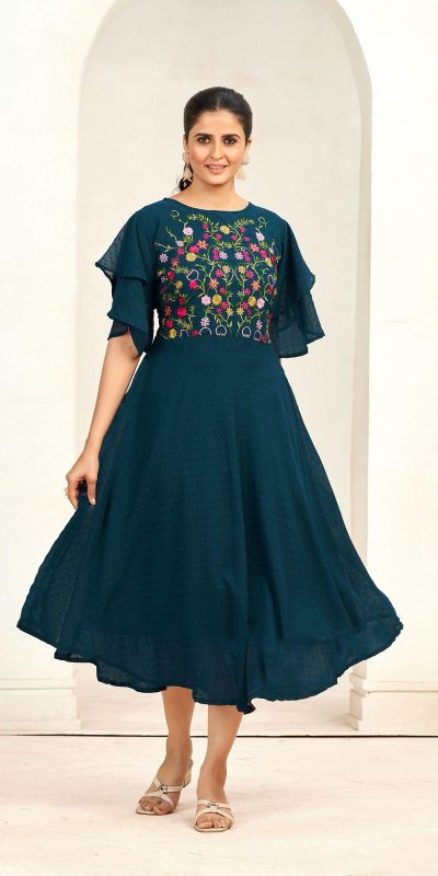 Aglow Rama Blue Color Georgette Butti Embroidery Thread Work Gown