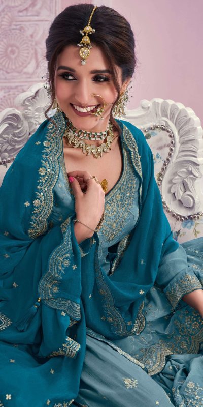 Amazing Blue Color Chinon Multi Coding Work Salwar Suit