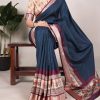 Navy Blue Tussar Silk With Viscose Border Printed Saree