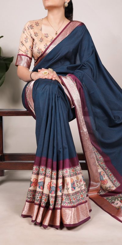 Attractive Navy Blue Color Tussar Silk With Viscose Border Printed Saree