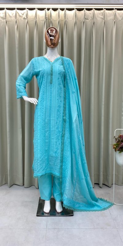 Beautiful Blue Color Chinon Cotton Thread Embroidery Work Salwar Suit