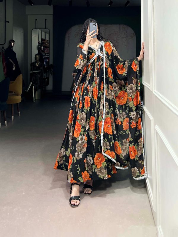 Beautiful Orange Color Georgette Floral Printed Paper Mirror Lace Gown