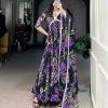Purple Georgette Floral Printed Paper Mirror Lace Gown