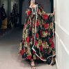 Red Georgette Floral Printed Paper Mirror Lace Gown