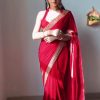 Red 9000 Velvet With Embroidery Lace Border Saree